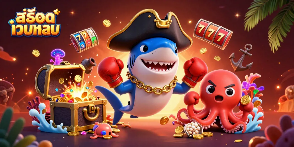 Engage with สล็อตเว็บตรง while enjoying a vibrant 3D casino scene featuring a pirate shark and treasure.
