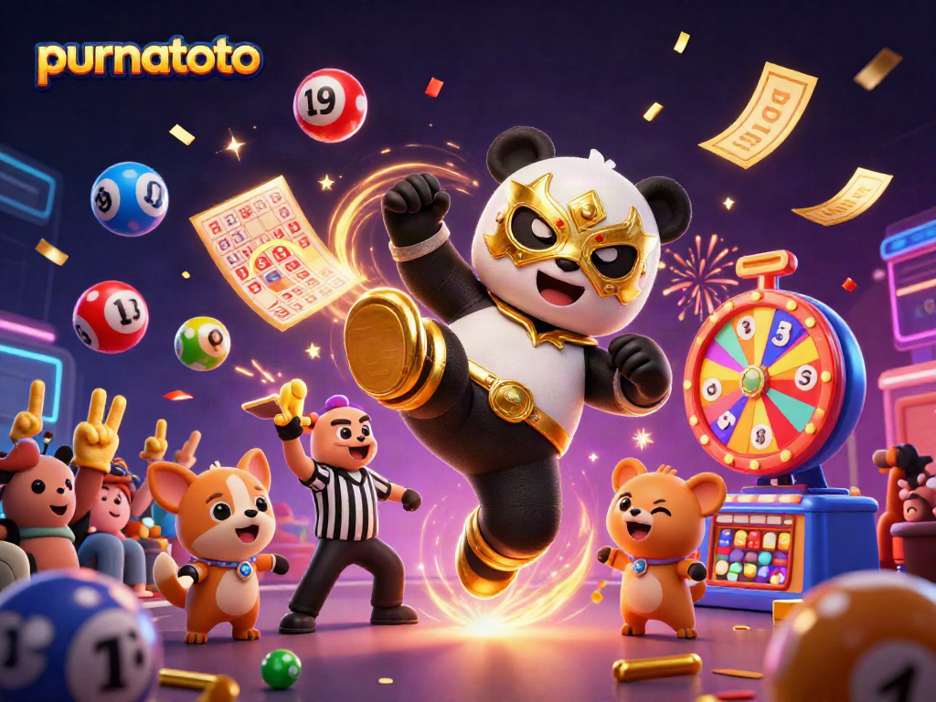 Menyaksikan purnatoto dalam ilustrasi kasino yang dinamis dengan panda pegulat 3D beraksi.