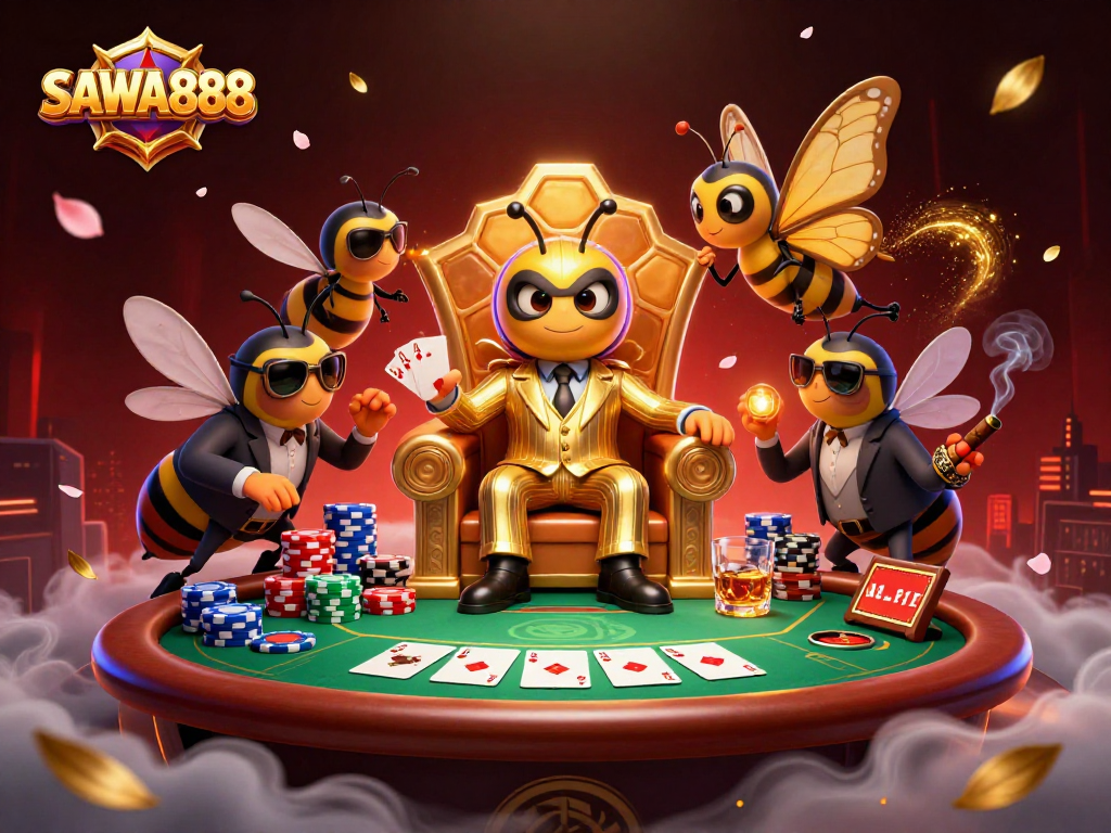 Experience thrilling gameplay at SAWA888 with a bustling casino scene featuring vibrant poker elements and dynamic characters.