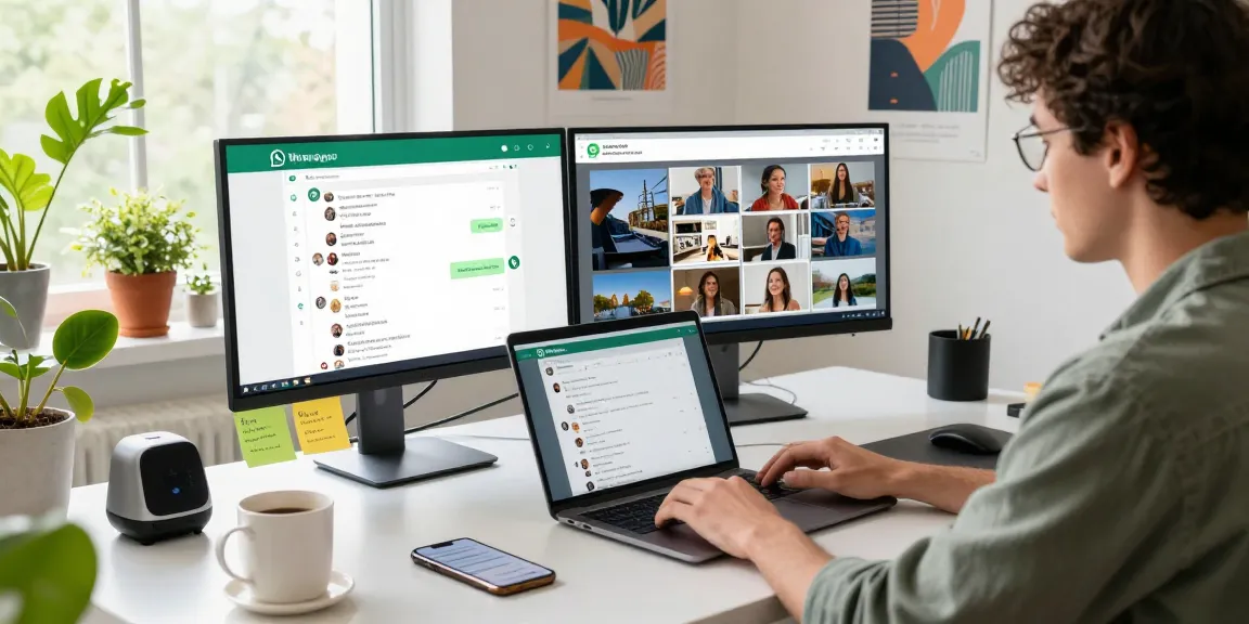 Person accessing WhatsApp網頁版 on a modern desk with dual monitors, bright workspace.