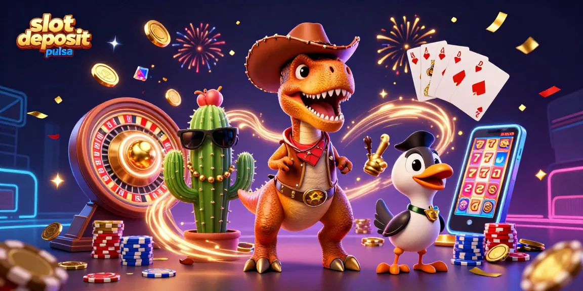 Slot deposit pulsa dengan karakter menarik yang menunjukkan sensasi permainan dan kemenangan dalam dunia kasino.