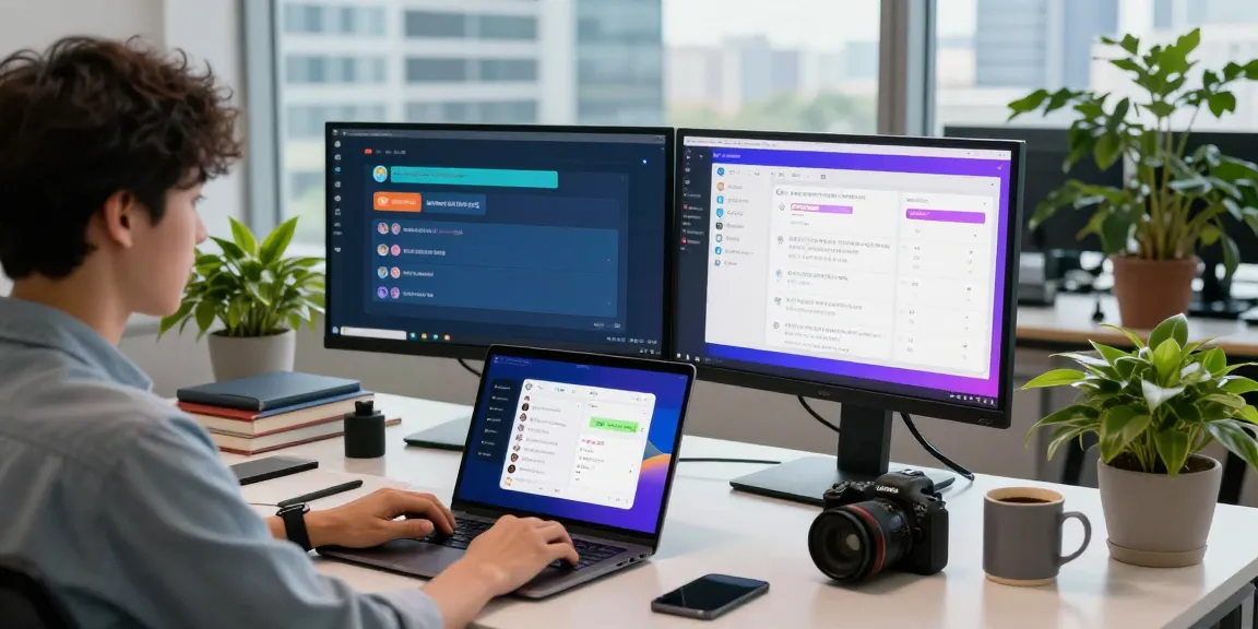 Professional using 纸飞机中文版 app in a modern workspace setting with vibrant tech gadgets.