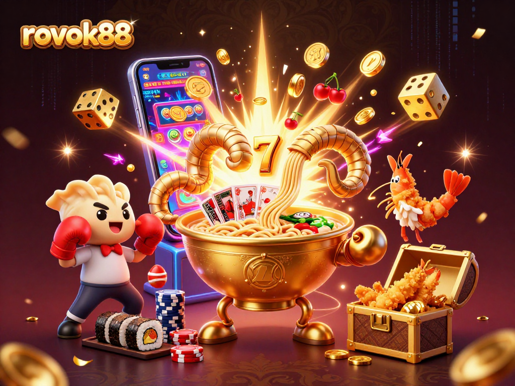 Engaging rokok88 illustration featuring a lively golden ramen bowl and quirky casino characters celebrating a jackpot.