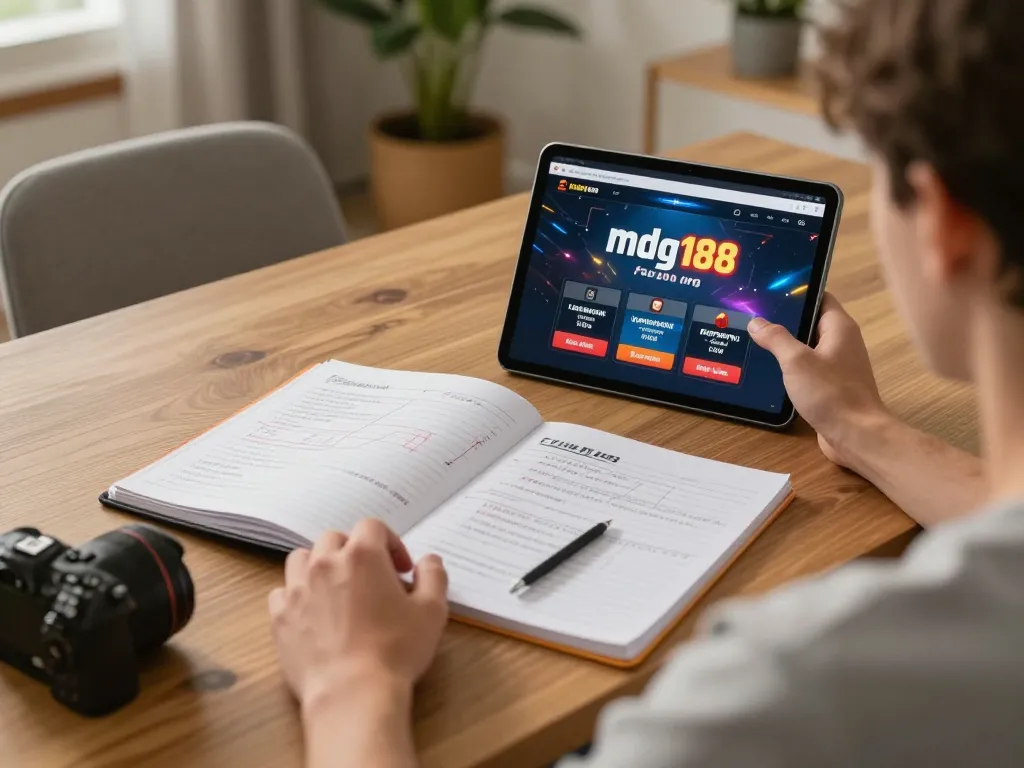 Player engaging with mdg188 casino app on a tablet in a cozy home setting.