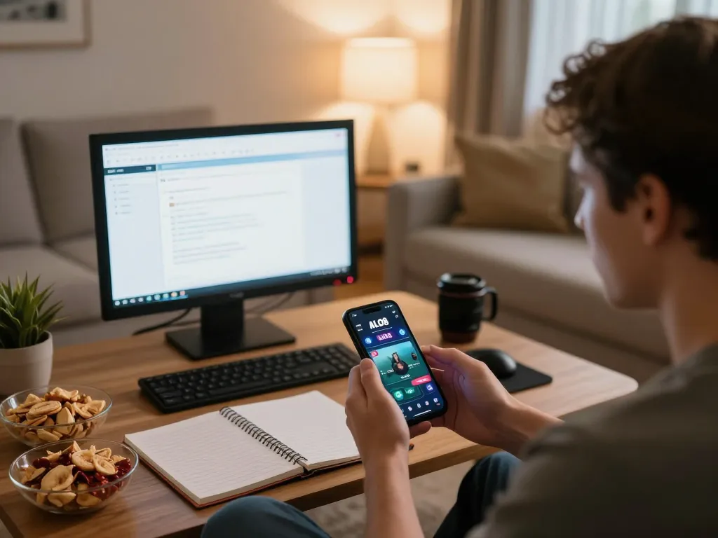 Player using ALO8 gaming app on smartphone in cozy home setting, engaging in responsible gambling.