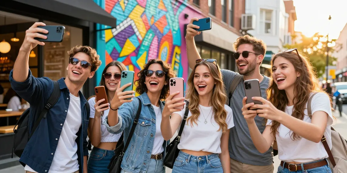 Friends discovering look alikes of famous people in an urban setting, sharing selfies and excitement.