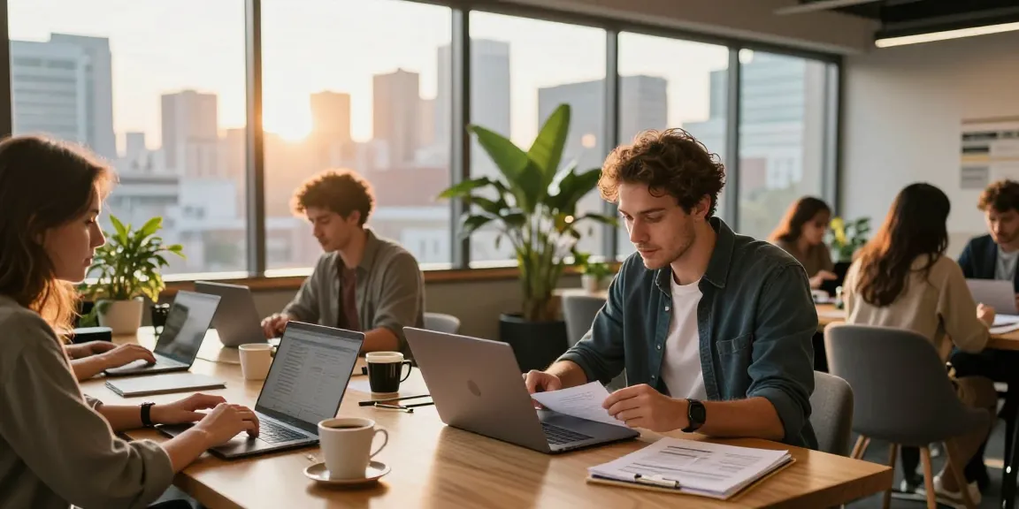 Self-employed professionals collaborating in a vibrant co-working space with city skyline views.