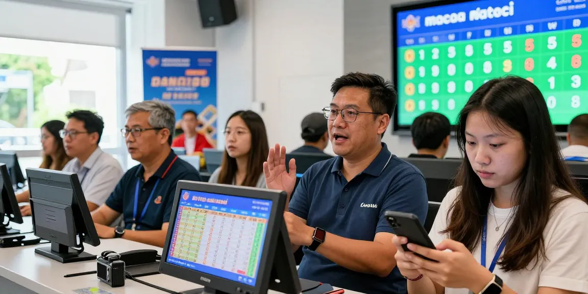 Players excitedly engaging with the latest toto macau results in a modern lottery draw setting.