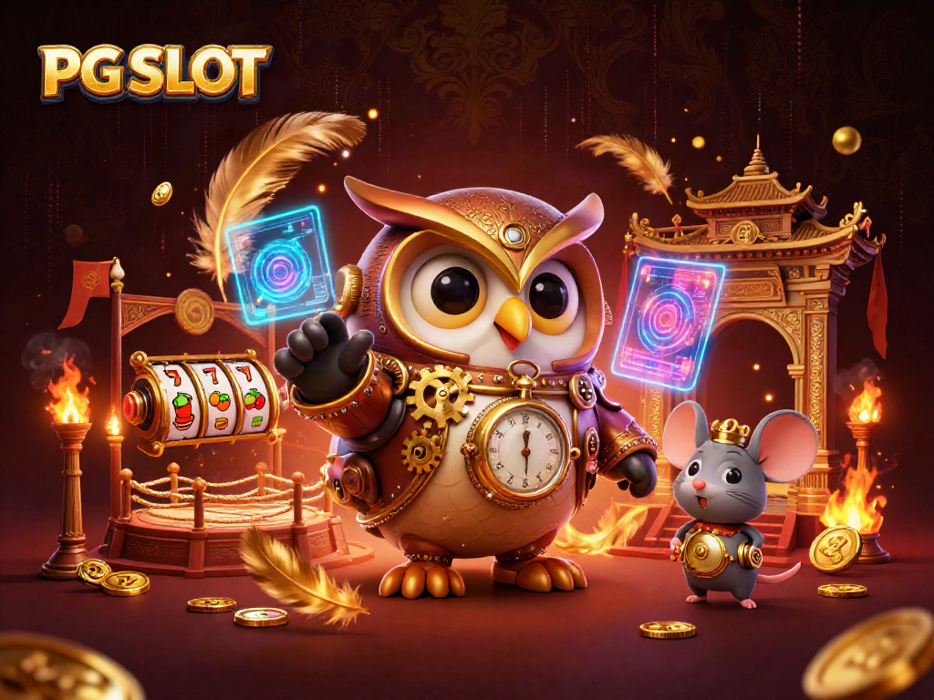 Experience PG SLOT excitement with a steampunk owl and vibrant casino imagery.