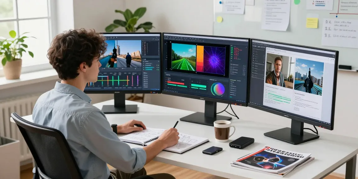 Data scientist using an ai detector in a bright workspace, showcasing AI analysis with screens displaying detection results.