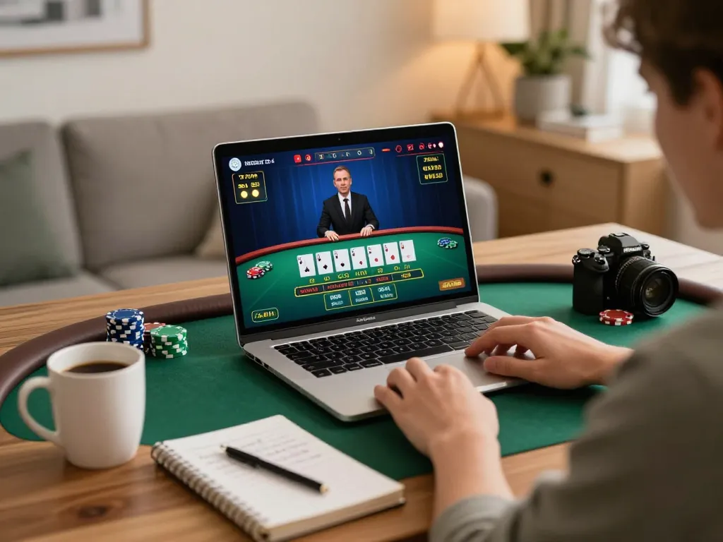 Player engaging in live dealer blackjack on fabet platform, showcasing strategic gameplay in a cozy setting.