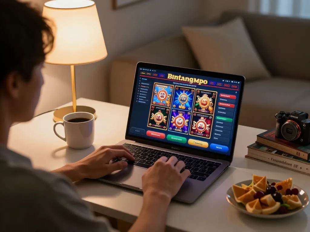 Pemain Bintangmpo menikmati permainan slot online di set laptop yang nyaman di rumah, menekankan permainan yang strategis.