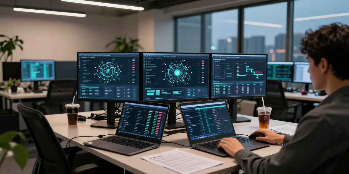 Crypto mining platform workspace showcasing blockchain statistics and wallet interface in a modern office setting.