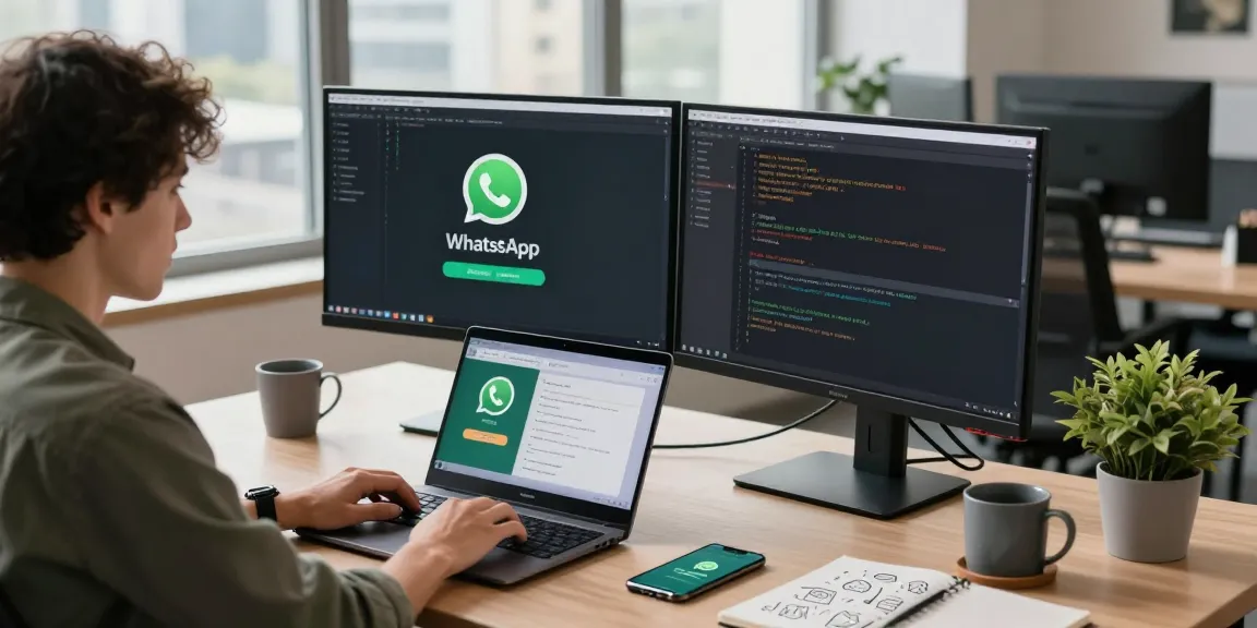 Developer using WhatsApp網頁版 on dual monitors in a bright tech workspace.