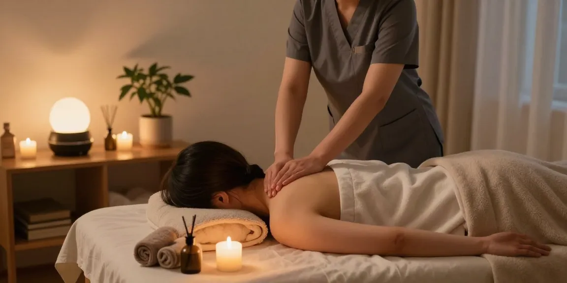 강서구출장안마 전문 마사지 서비스 제공 장면, 아늑한 홈 분위기.