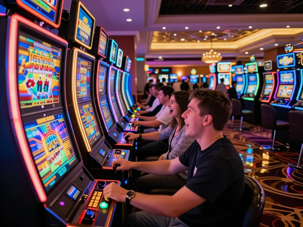Players enjoying slot gacor machines with vibrant displays and exciting gaming atmosphere