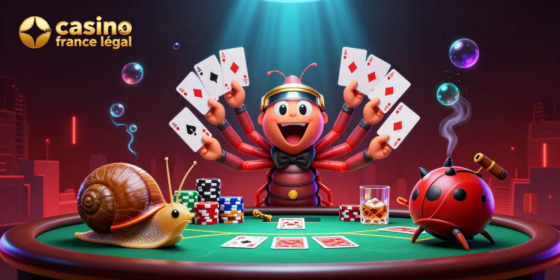 Découvrez l'illustration animée d'un casino en ligne légal en France avec un marchand insecte et des enjeux excitants.
