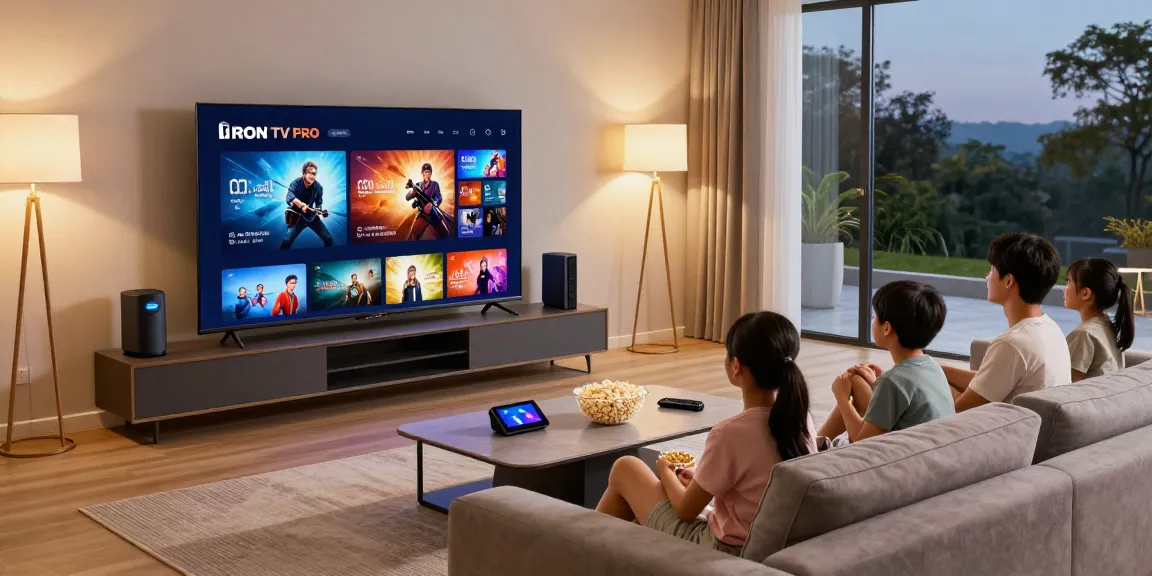 Family enjoying IRON TV PRO streaming on a Smart TV in a cozy living room.