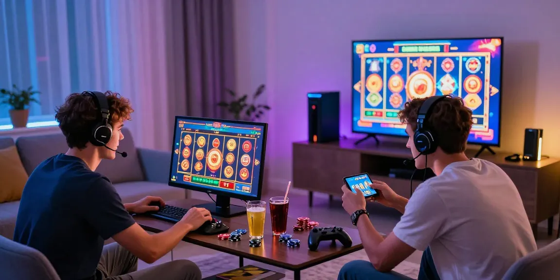 Players enjoying situs depo 5rb online slot games in a vibrant living room, showcasing excitement and engagement.
