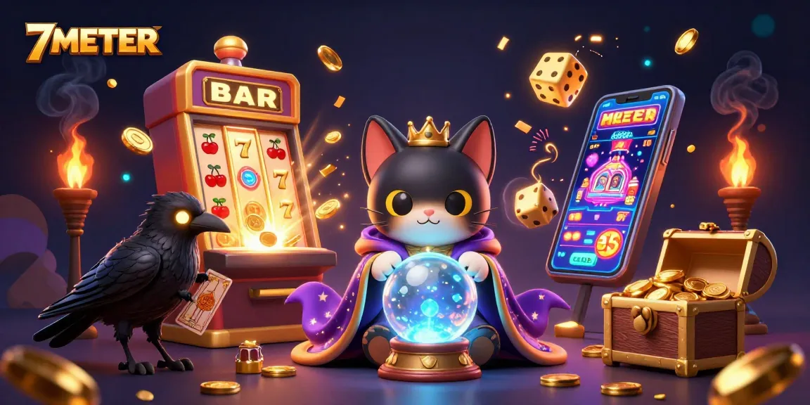 Experience the thrill of 7METER with vibrant casino elements swirling around mystical characters.