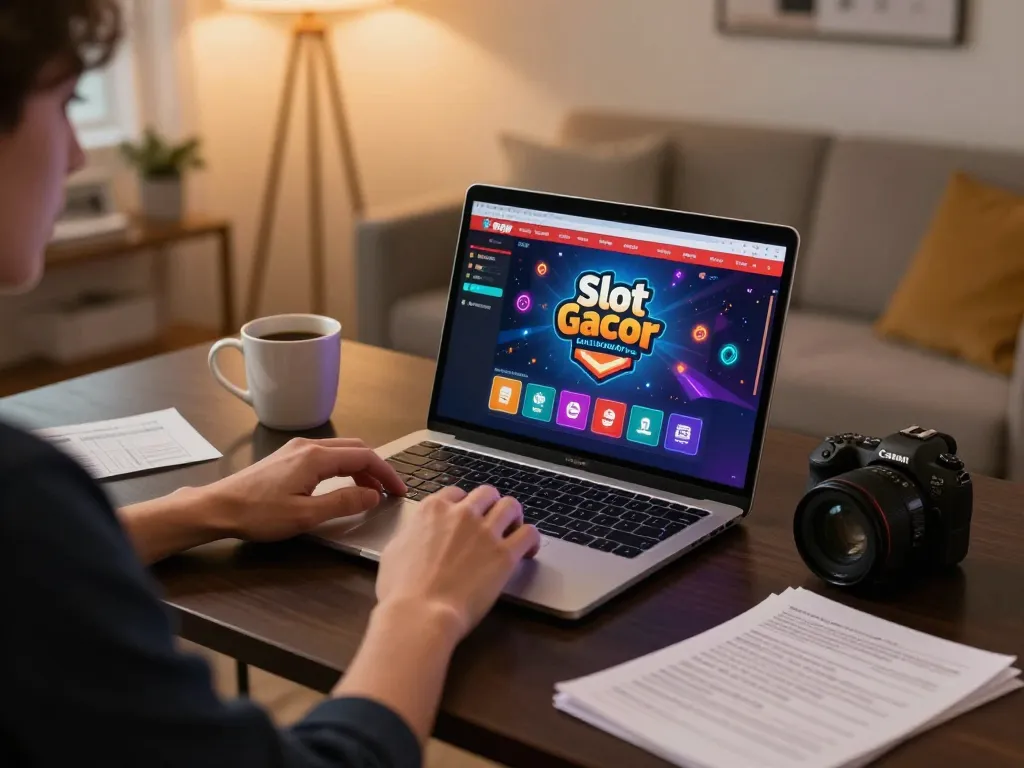 Engaging gameplay scene of Slot Gacor Dewagg featured on a laptop at home, with strategic notes and cozy ambiance.