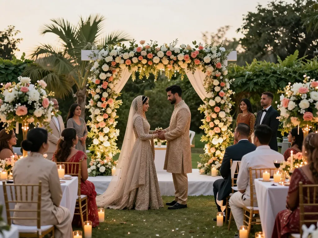 Couple exchanging vows in a romantic wedding ceremony celebrating khair ul nikah Marriag with family and friends.