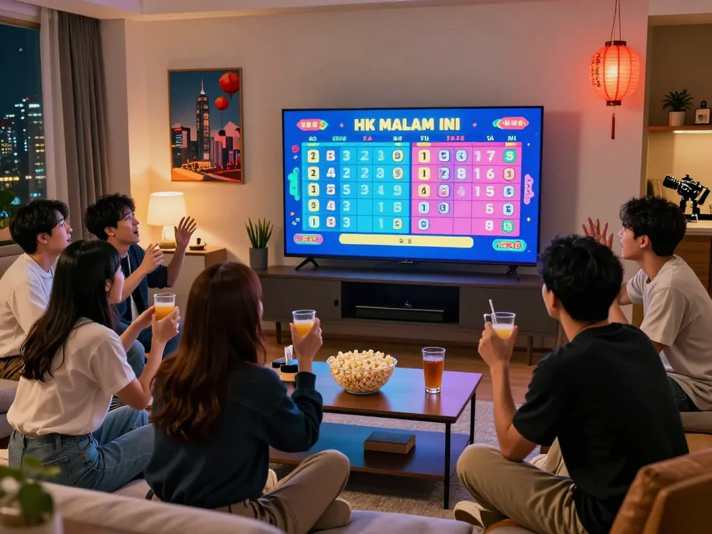 Friends enjoying HK Malam Ini live draw in a cozy living room setting, enhancing the excitement of the lottery game night.