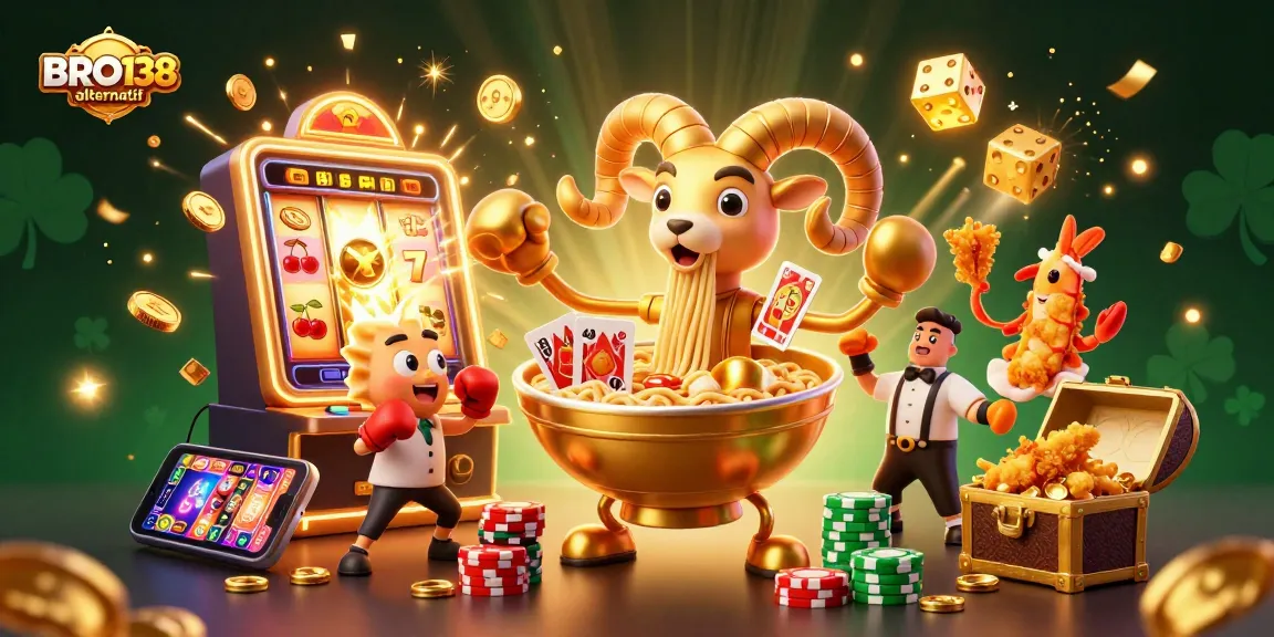 BRO138 alternatif showcases vibrant slot characters dealing cards and coins, creating a casino atmosphere.