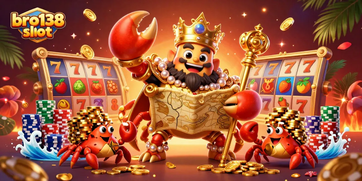 Experience the thrill of bro138 slot with a vibrant scene featuring a golden crab emperor amidst dynamic gaming elements.