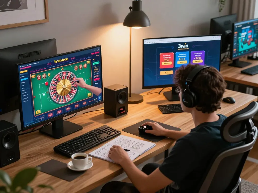 3win user engaging in dynamic online gaming session on multiple screens with strategy notes