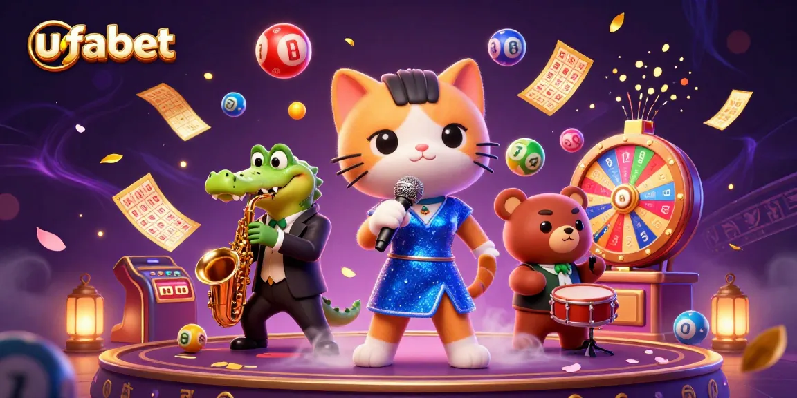 Experience thrilling ufabet gaming with lively characters and vibrant casino elements in this illustration.