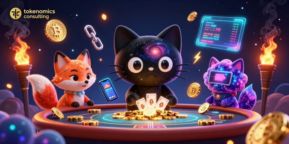 Engage in tokenomics consulting while exploring a vibrant cosmic casino scene with a black hole cat.