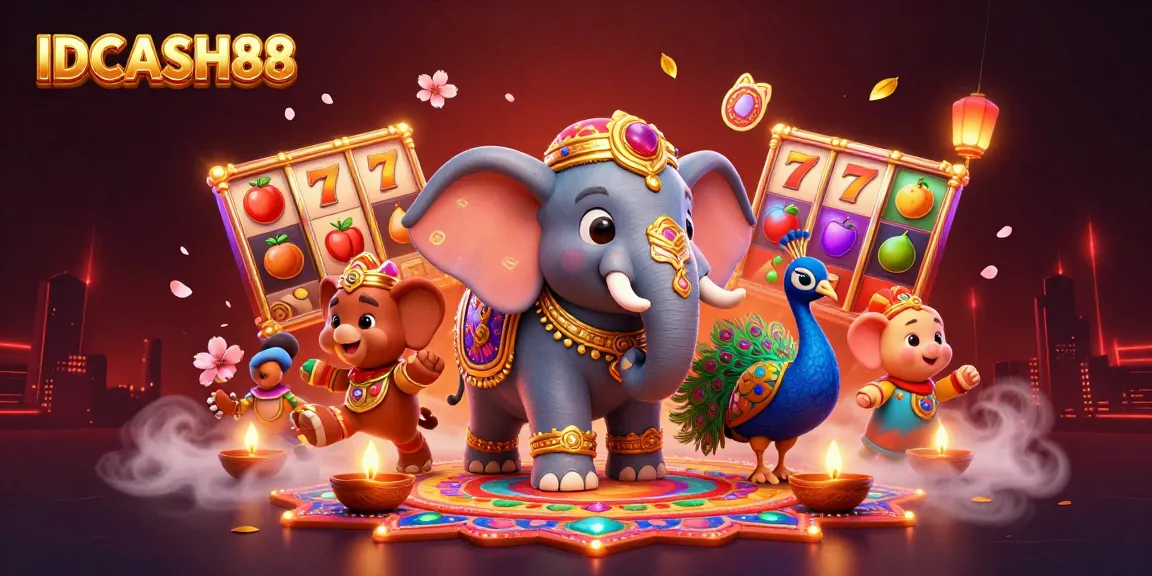 Experience the excitement of slots at IDCASH88 with vibrant elements and celebratory decorations.