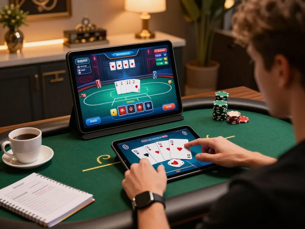 iWin user enjoying an online poker game on a tablet amid a stylish home environment with strategy notes.