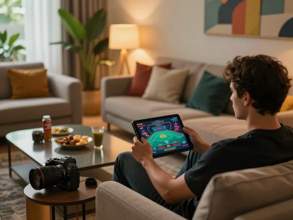 Engaged player enjoying a live dealer game on 888top in a cozy home setting