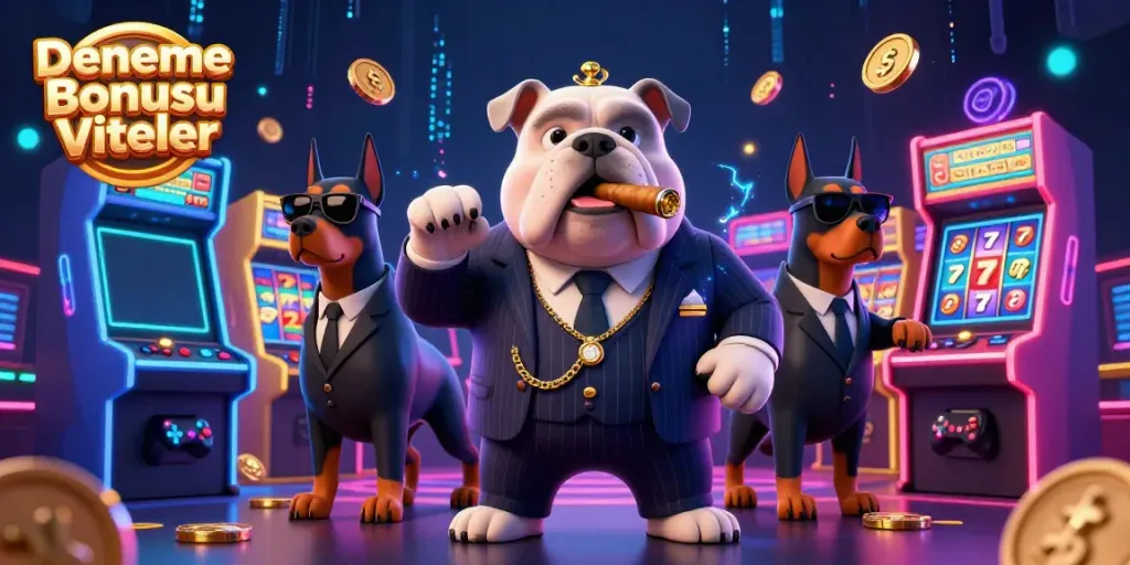 Engaging casino scene with Deneme Bonusu Veren Siteler, featuring a mafia boss bulldog and two Doberman bodyguards surrounded by colorful gaming elements.