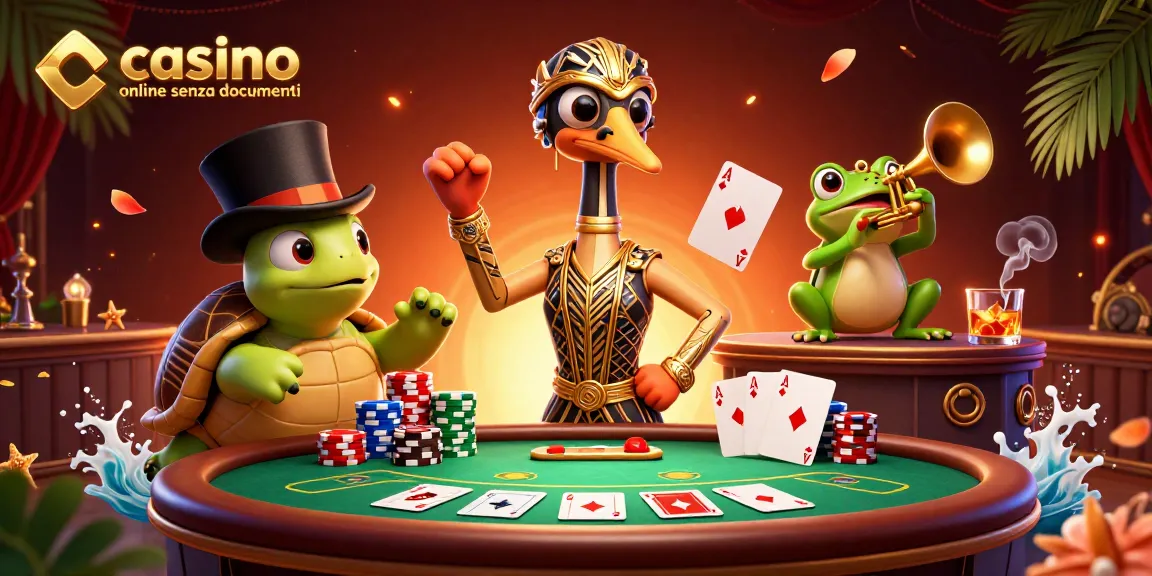 Immergiti in una scena vibrante di un casino online senza documenti con personaggi coinvolgenti ed elementi di poker.