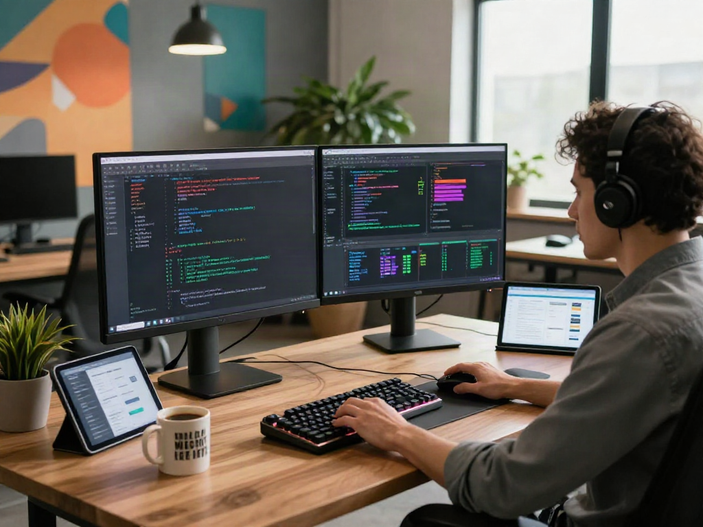 Developer coding on dual monitors in a vibrant workspace with bro138 technology elements.