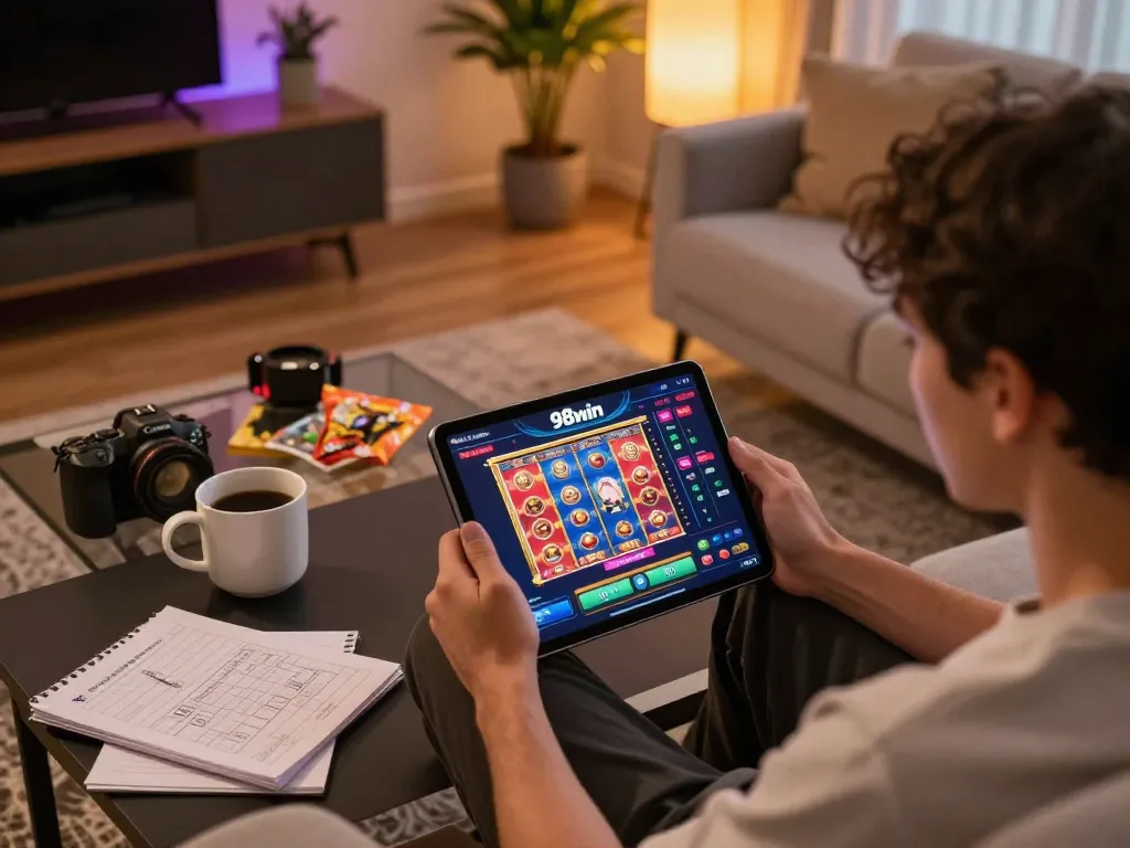 Engaging player enjoying 98win's online casino games on a tablet, illustrating strategic gameplay.
