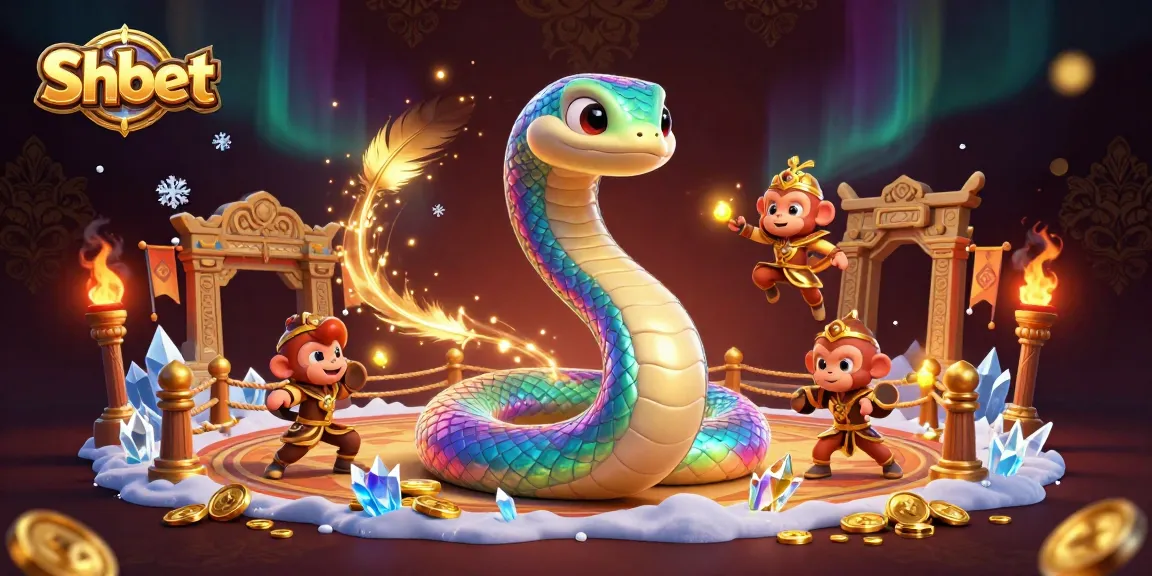 Engage with Shbet's vibrant 3D casino world featuring a rainbow serpent and monkey king amidst golden coins.