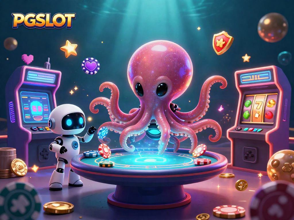 Engage with PG SLOT's thrilling experience featuring an alien octopus at a holographic poker table.
