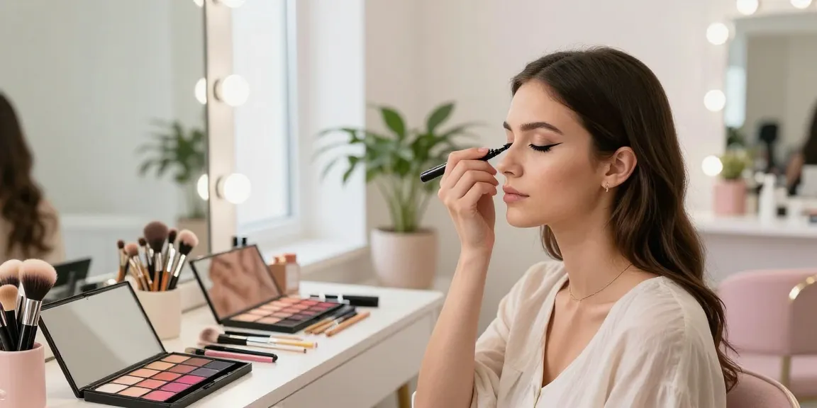 Tattoo eyeliner pen being applied in a bright makeup studio by a professional artist.