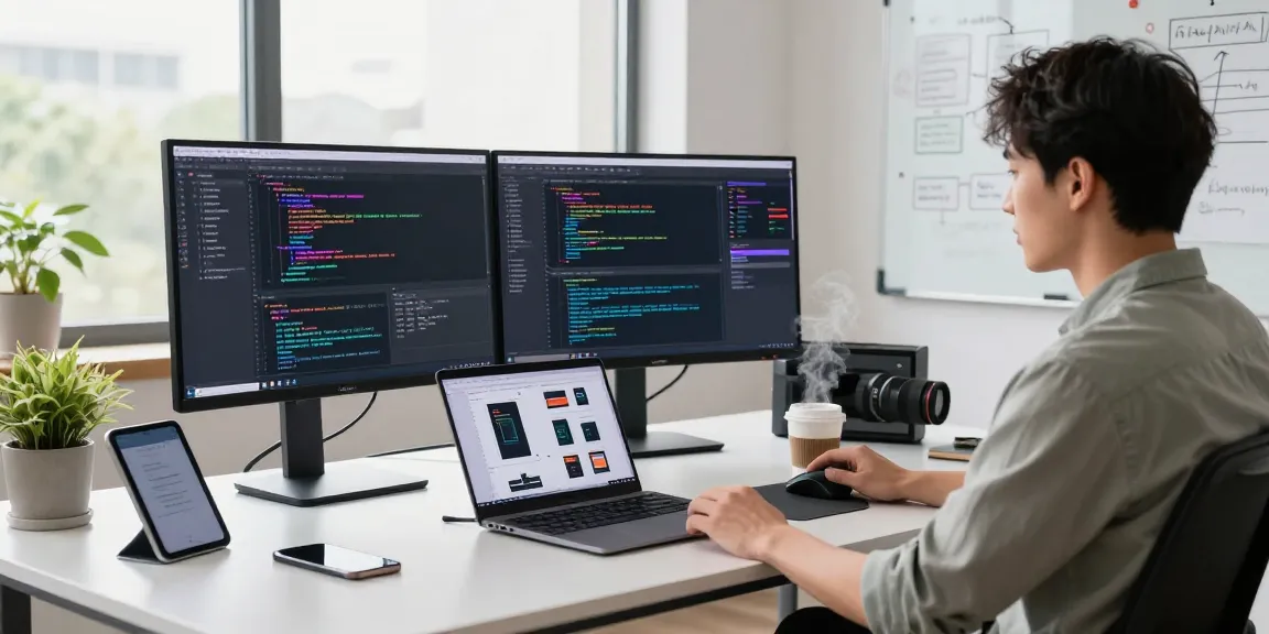 Developer at a modern workspace with dual monitors coding on telegramin-cn.com project, showcasing tech environment.