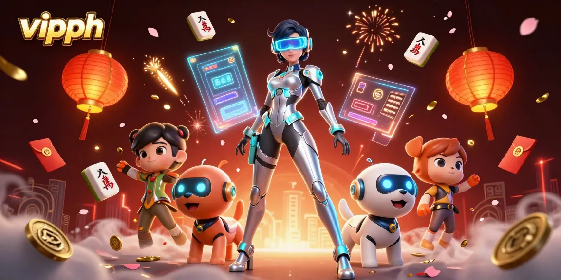 Engage with the thrilling world of vipph in a vibrant, 3D digital casino scene featuring a futuristic woman and robot.