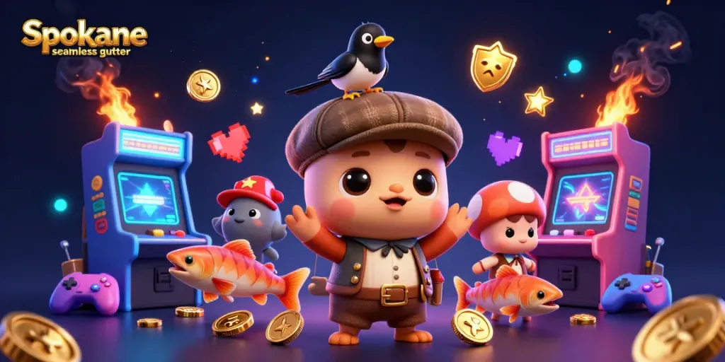 Join the adventure with Spokane seamless gutter as cute characters engage in a playful casino scene.