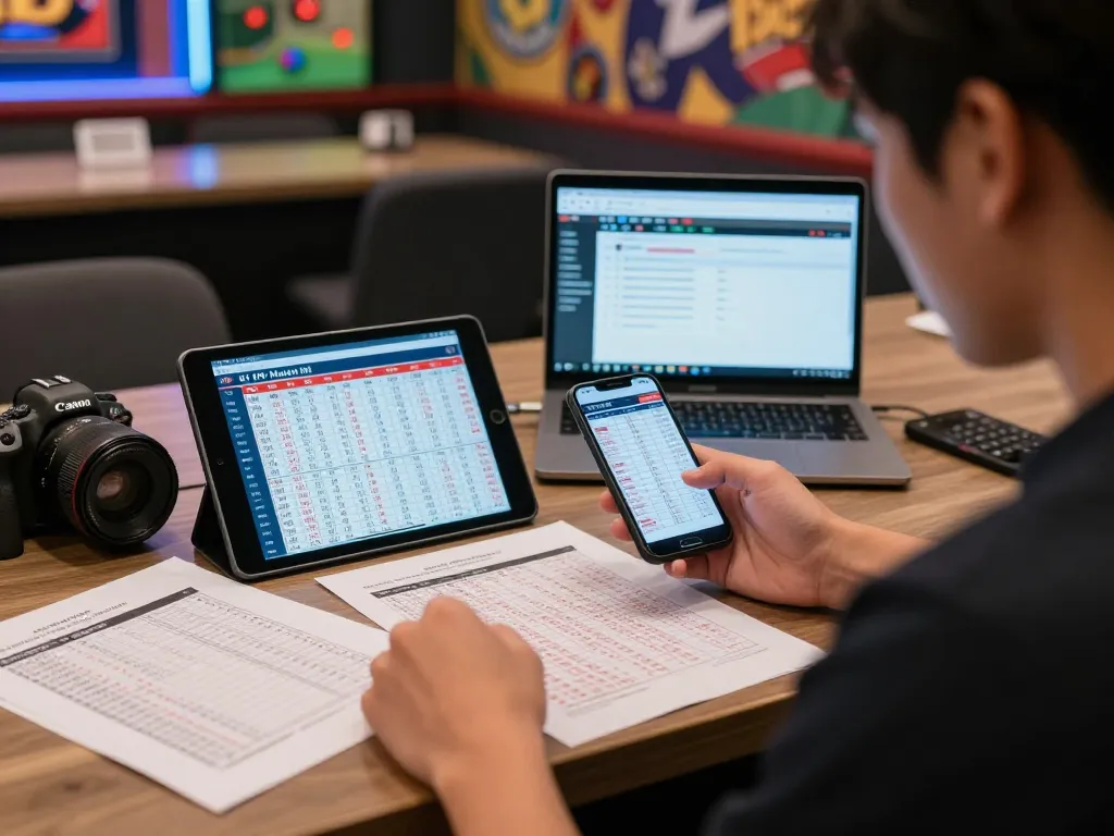 Man analyzing HK Malam Ini results in a modern betting lounge with data charts and smartphone.
