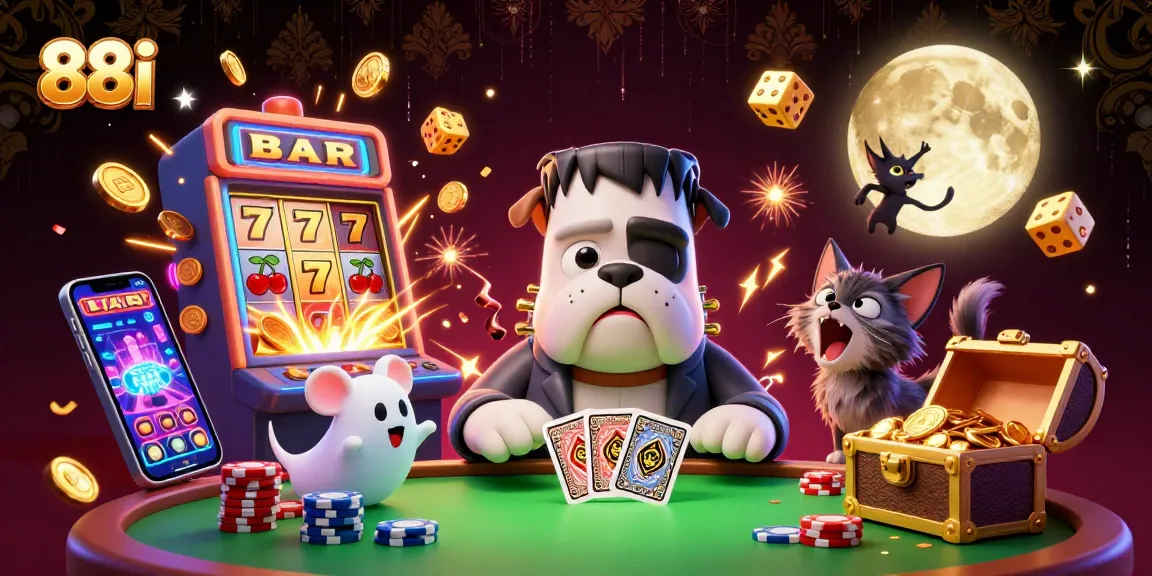 Experience 88i excitement with a festive 3D cartoon gambling scene featuring unique characters and vibrant casino elements.
