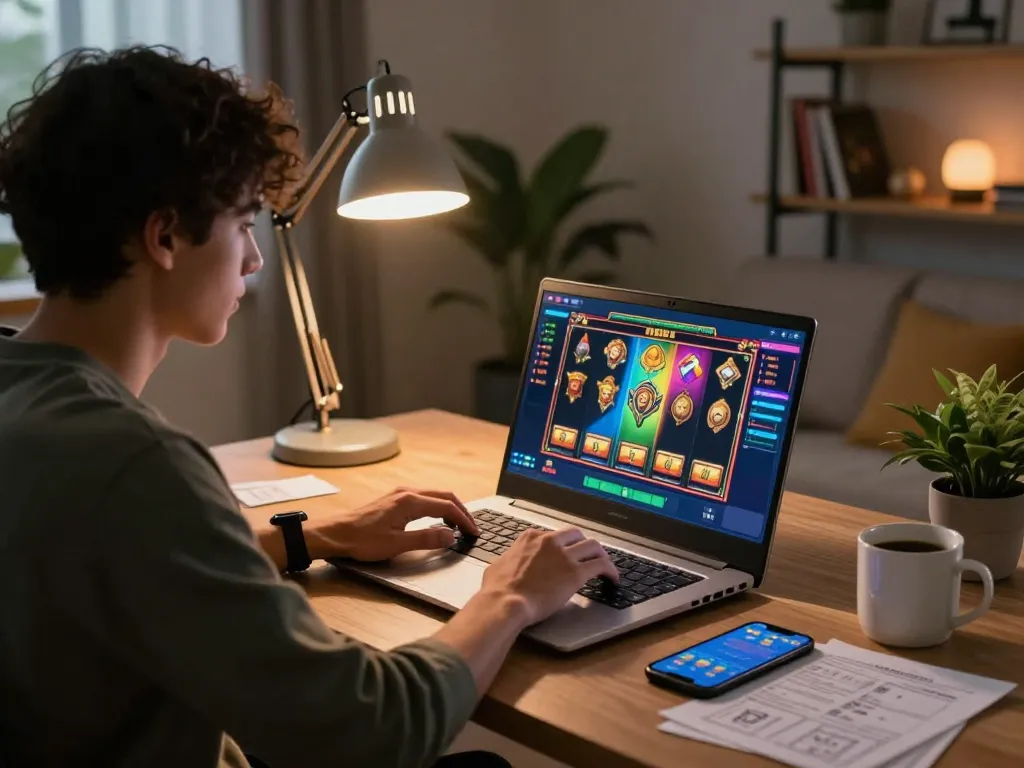 Engaging in slot gacor hari ini gameplay from comfortable home office, showcasing gaming strategy.
