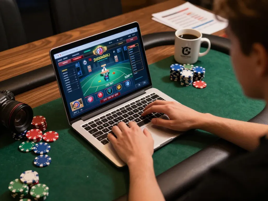 Players enjoying online poker gameplay at win678 with colorful chips and a warm ambiance.