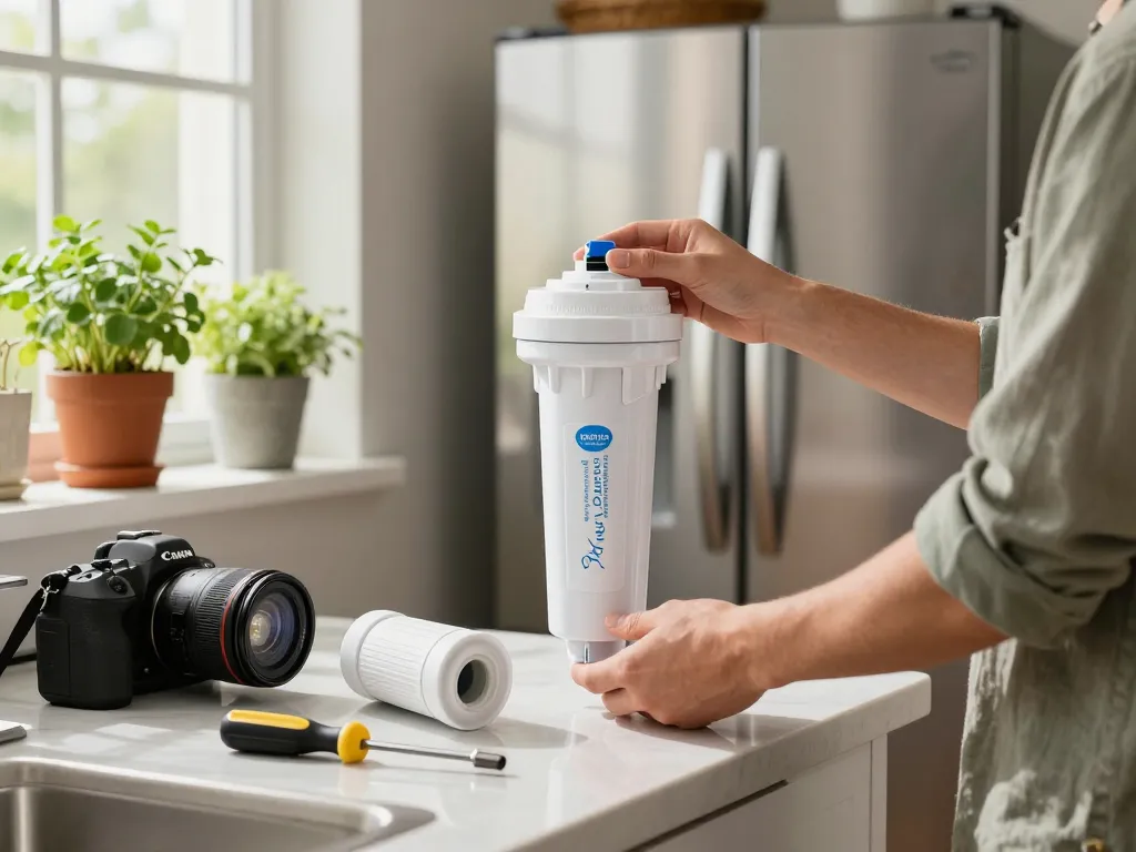 Person replacing Waterdrop 4396701 Replacement for Whirlpool® EDR6D1 water filter in a bright kitchen, showcasing home maintenance.